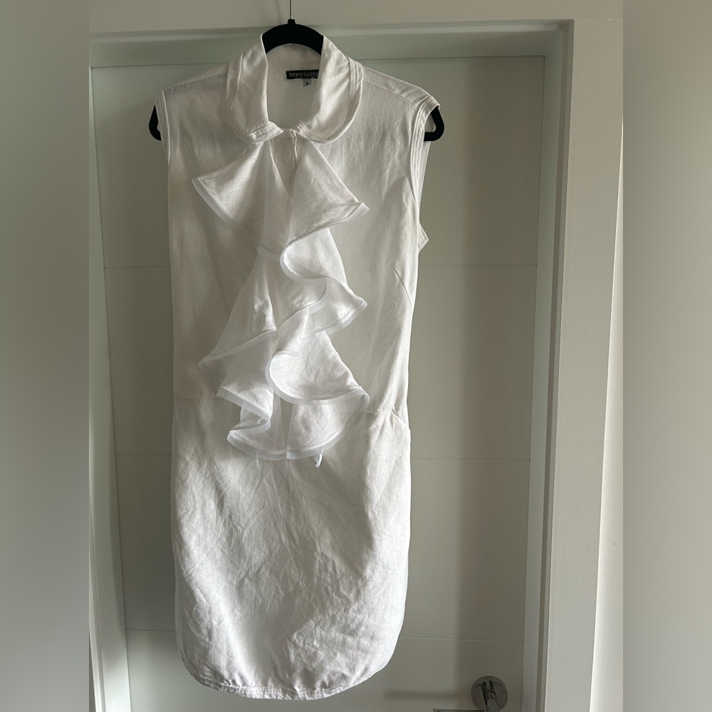 Elegant White Linen Sleeveless Dress with Ruffle Detail